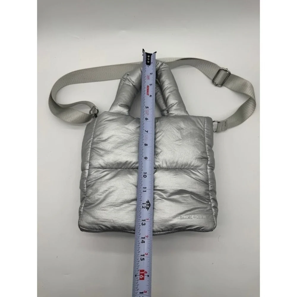 Silence + Noise Silver Puffer Crossbody Tote Bag Quilted Metallic Shoulder